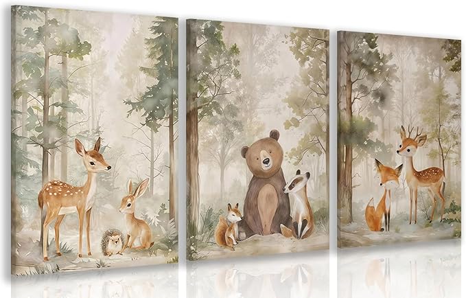 Cyebmo Framed Woodland Animals Wall Art Set of 3, Baby Boy Wild Forest Animals Wall Decor, Deer Bear Fox Wrapped Canvas Painting, Neutral Aesthetic Pictures for Kids Room Benroom Nursery 16"x24"x3