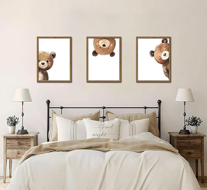 3Pcs Baby Teddy Bear Nursery Wall Art Peeking Bear Pictures Wall Decor Peekaboo Kids Room Decor Woodland Animal Posters Neutral Nursery Painting Canvas Print Artwork for Children's Baby Room Bedroom