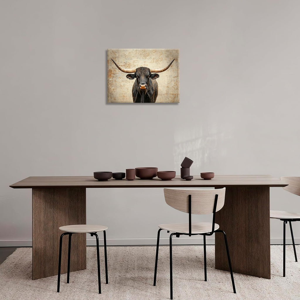 Rustic Highland Cow Pictures Wall Art, Farmhouse Longhorn Bull Bathroom Wall Decor Black Cow Framed Painting Canvas Artwork for Bathroom Bedroom Living Room Decorations 16"L x 12"W