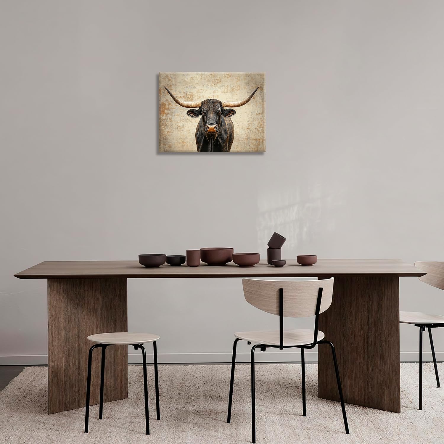 Rustic Highland Cow Pictures Wall Art, Farmhouse Longhorn Bull Bathroom Wall Decor Black Cow Framed Painting Canvas Artwork for Bathroom Bedroom Living Room Decorations 16"L x 12"W