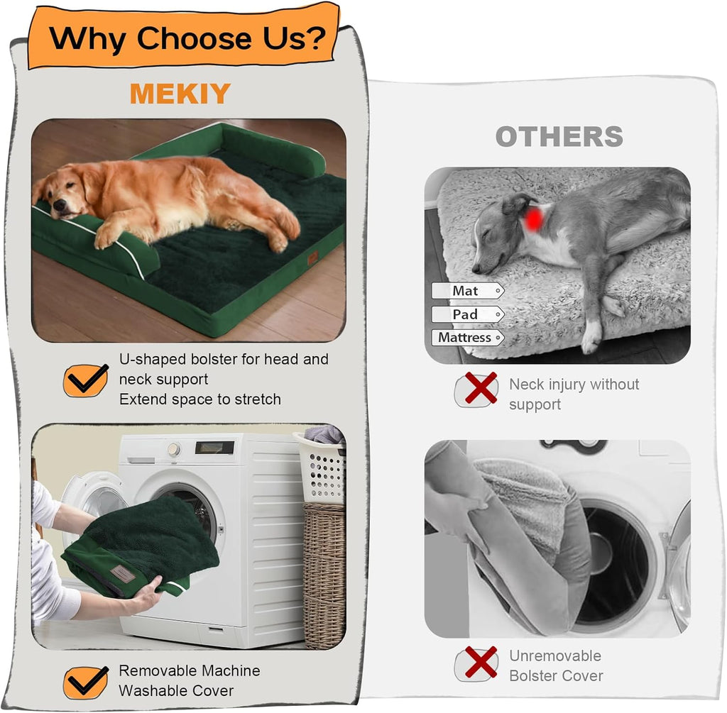 Large Dog Bed Orthopedic Washable - Waterproof Removable Cover - Medium XLarge Big Dogs - Egg Foam Couch - Emerald Dog Beds Bolster with Sides