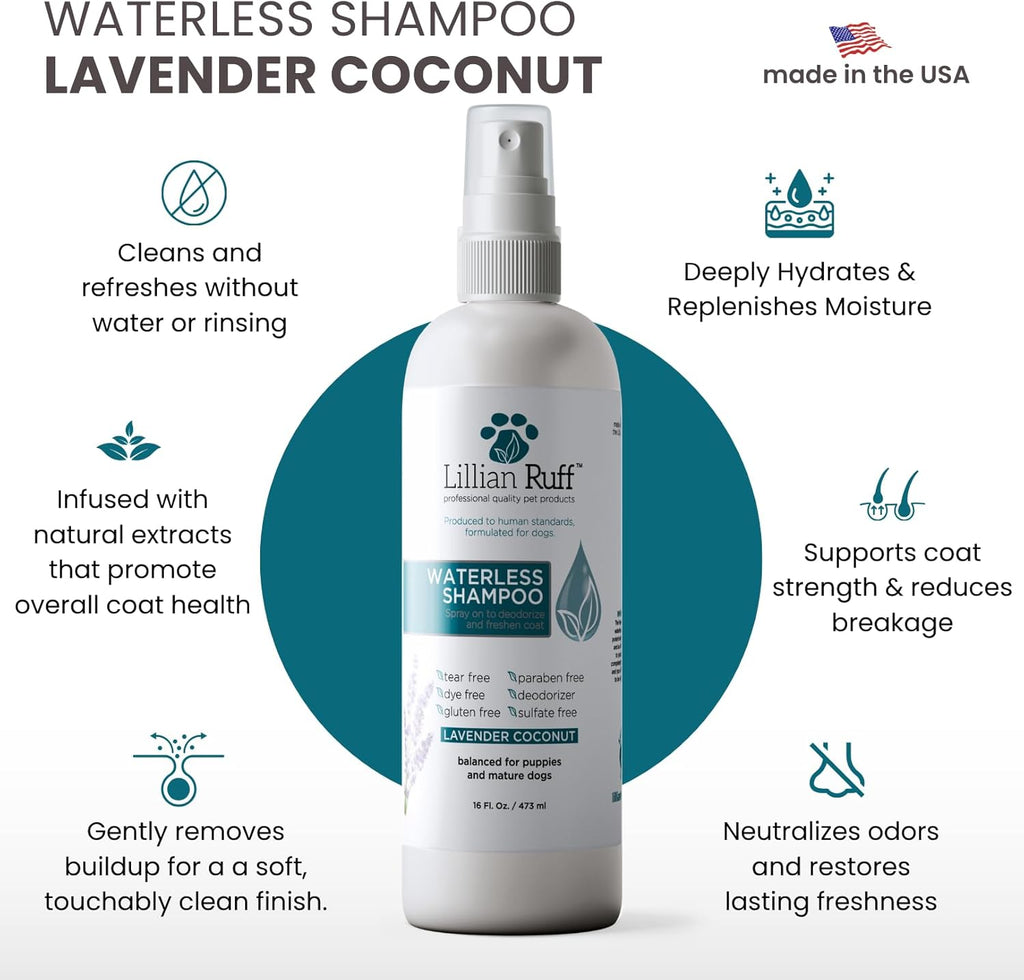 Lillian Ruff Waterless No-Rinse Dog Dry Shampoo Spray with Hydrating Essential Oils - pH-Balanced Dry Shampoo for Dogs - Clean, Condition, Detangle & Deodorize Dry, Sensitive Skin (16oz/Brush)