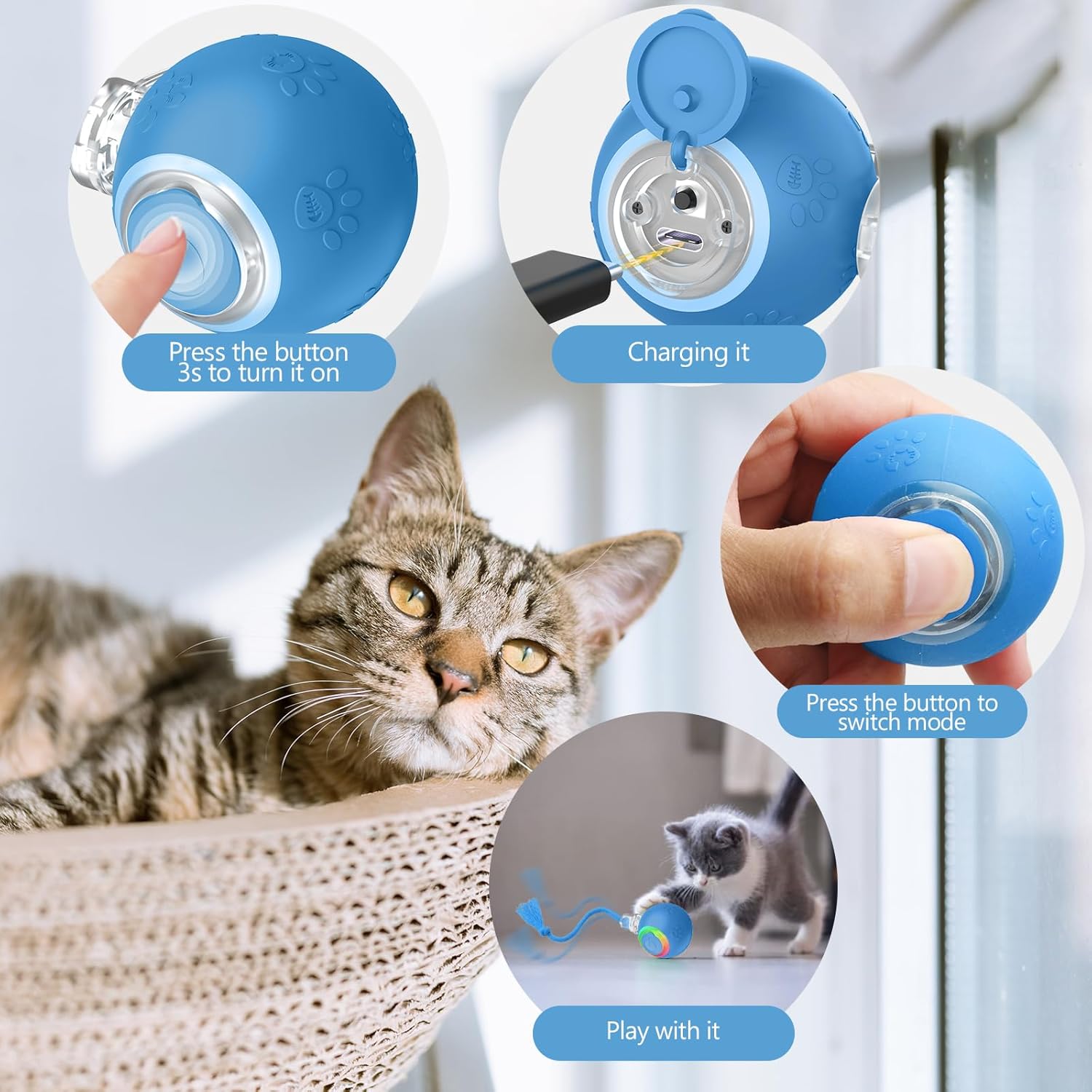 Interactive Cat Toys, Automatic Moving Cat Toys for Bored Indoor Adult Cats, Fast Rolling, Chirping & Motion-Activated Kitty Toys, Fun Gift for Cats with Speedy Tail 2.0, USB Rechargeable, Blue