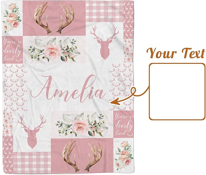 Personalized Baby Blanket with Name, Custom Pink Woodland Deer Blanket for Kids, Soft Flannel Bed Throw Blanket Swaddle for Newborn, Customizable Baby Gift & Nursery Blanket(47" x60)