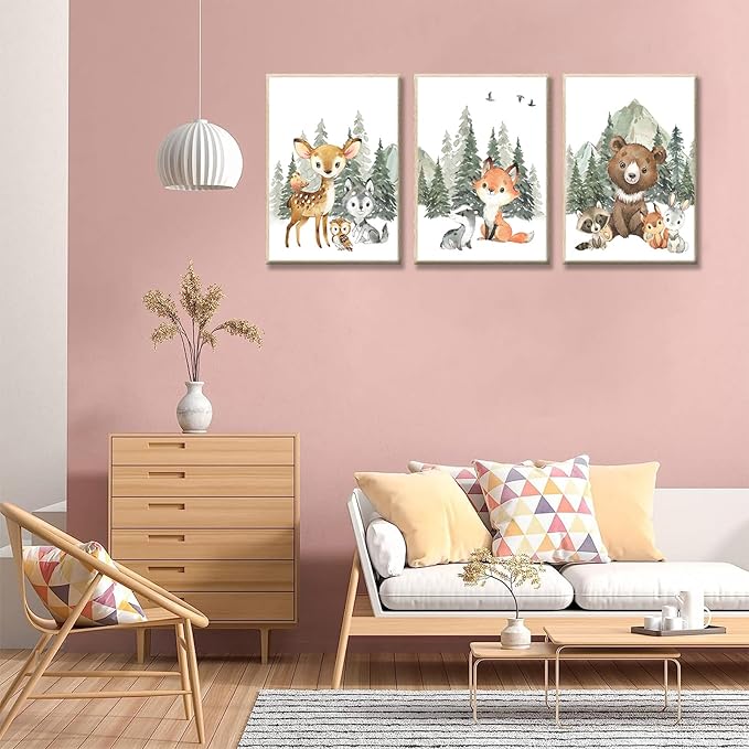 3Pcs Woodland Animal Nursery Canvas Wall Art Forest Adventure Theme Animals Picture Posters Wall Decor Cute Watercolor Deer Bear Fox Painting Print Artwork for Kids Baby Bedroom Decor 16x24in Unframed