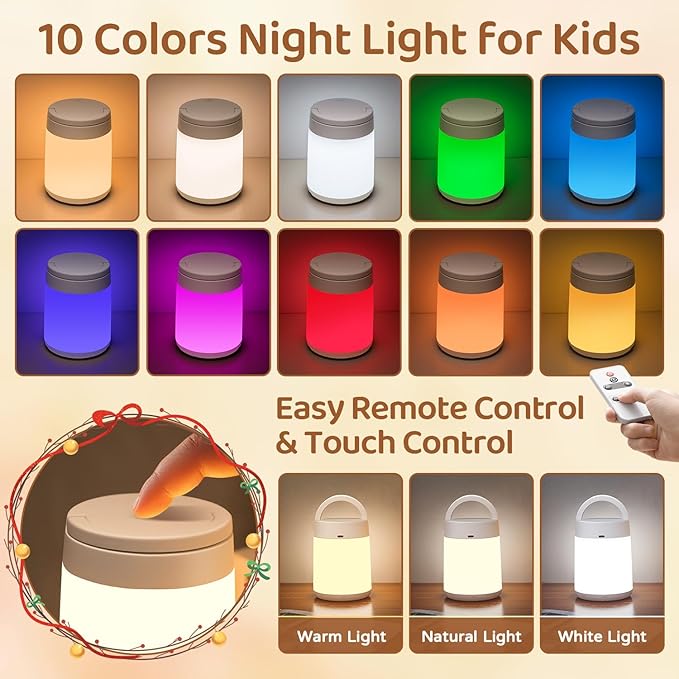 Baby Night Light for Baby Nursery Lamp,10 Colors+8 Dimmable Night Lights for Kids Lantern,Rechargeable+Remote+Touch Nightlight for Kids Room,1800mAh Touch light, Night Lamp for Nursery,Christmas Gifts