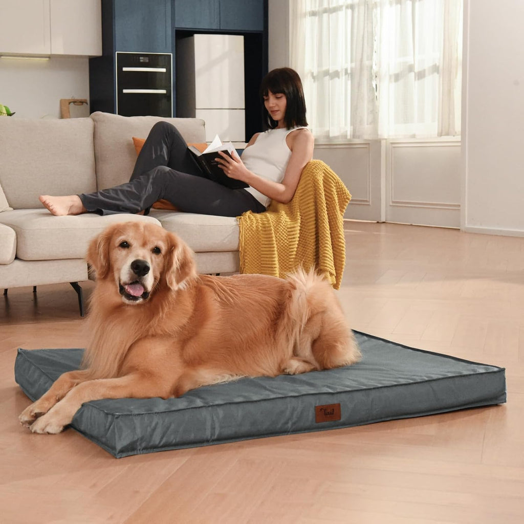 Outdoor Extra Large Dog Crate Bed, Big Waterproof Dog Bed for Large Dogs, Orthopedic Egg Foam Pet Bed Mat with Removable Cooling Cover, Grey