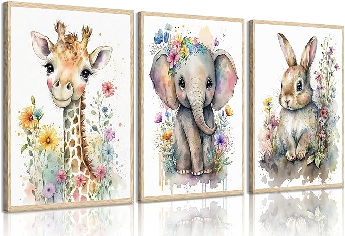 3Pcs Baby Watercolor Safari Animals Nursery Canvas Wall Art Cute Jungle Animals with Wildflower Picture Posters Wall Decor Giraffe Elephant Rabbit Painting Print Artwork for Kids Children Room 16x24in