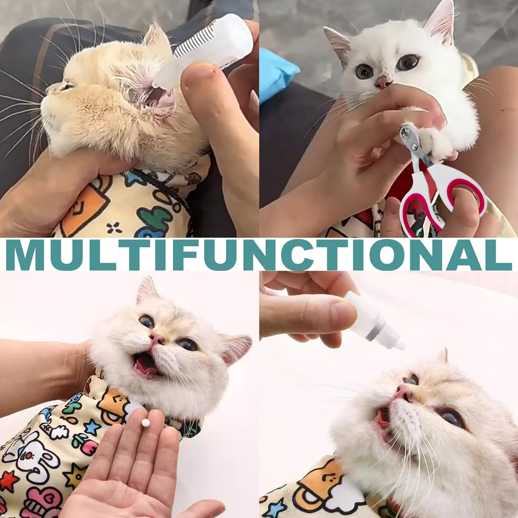 Cat Grooming Wrap for Cutting Nails with Cat Nail Clipper, Self-Adherent Wrap for Ear Cleaning, Anti-Runaway/Scratch, Cat Swaddle Wrap for Calming, Cow White