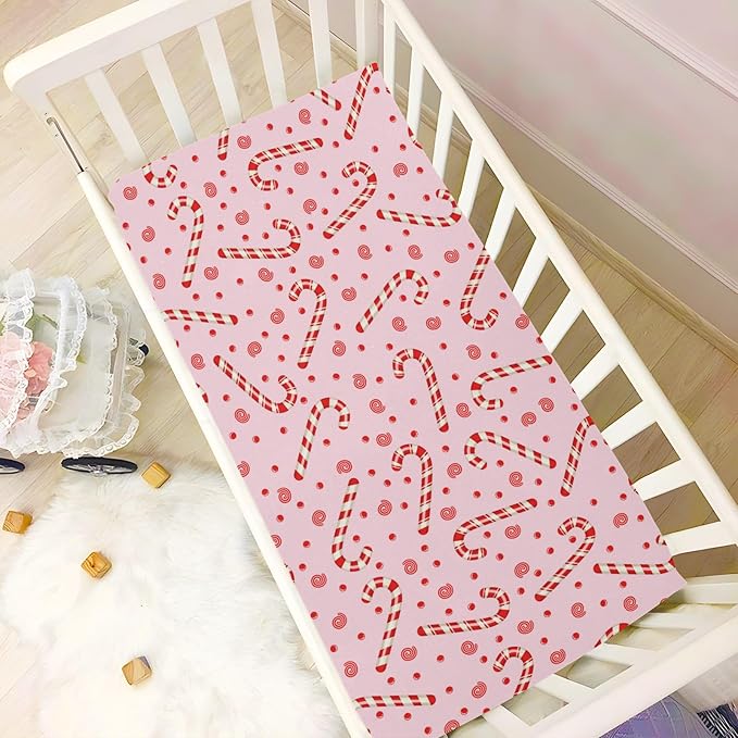 Candy Cane Christmas Pink Crib Sheets Soft Breathable Fitted Baby Playard Sheets Mattress Cover for Girl Boys, 39" x 27" x 5"