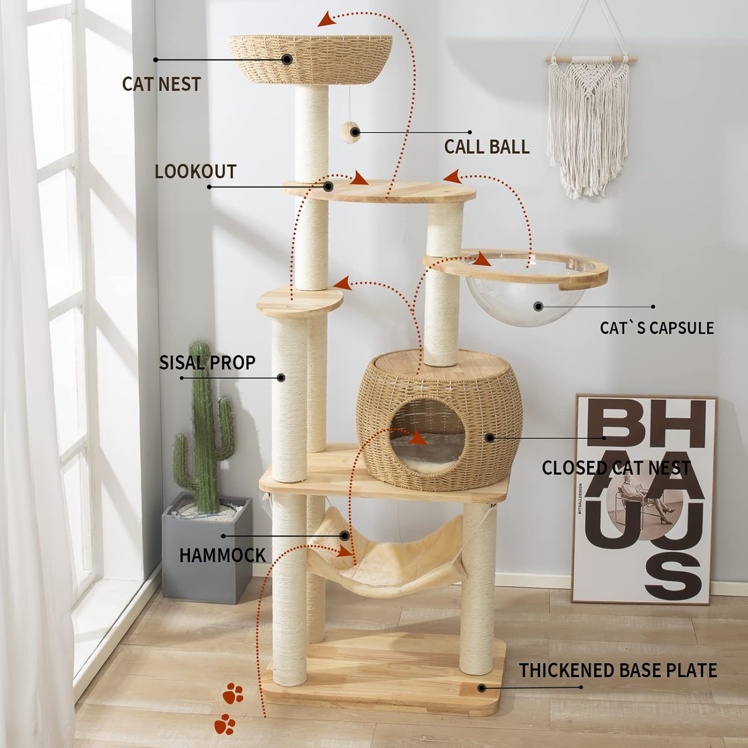 59" Big Modern Cat Tree Tower, Cat Tower Sisal-Covered Scratching Posts for Indoor Cats, Oak Wood Cat Tree for Large Cats, Multi-Level Cat Condo with Space Capsule Nest, Cat Furniture Activity Centre