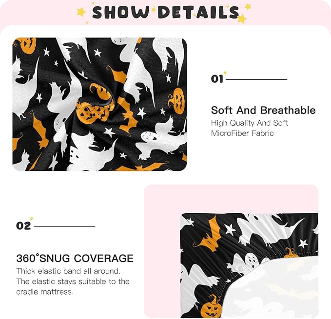 Pumpkin Ghost Halloween Crib Sheets Soft Breathable Fitted Baby Playard Sheets Mattress Cover for Girl Boys, 39" x 27" x 5"