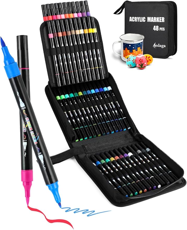 48 Colors Acrylic Paint Markers, Dual Tip Acrylic Paint Pens with Brush Tip and Fine Tip for for Adults, Kids, Eggs, Wood, Rock, Canvas, Plastic, Stone, Glass, Ceramic