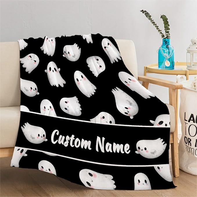 Custom Halloween Ghost Blanket | Personalized for Boys Girls | Plush Cozy Name Blanket | Halloween Decor Gifts | 40"x50"-Kids/Throw Size