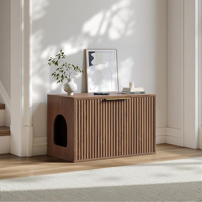 Evermagin 31.5" Walnut Cat Litter Box Enclosure Furniture, Large Hidden Litter - Image 7
