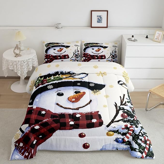 Feelyou Kids Christmas Theme Decorations Bedding Set Xmas Snowman Comforter Set for Boys Girls Snowflake Kawaii Cute Beige Golden Bedroom Collection Full Size