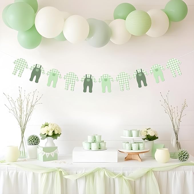 Sage Green Gingham Baby Onesie Garland Banner, Nursery Party Garland for Baby Shower Decorations