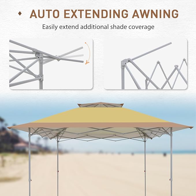 EAGLE PEAK 12x12 Pop up Canopy Tent, Easy Set up Folding Shelter with Auto Extending Awning 144 Square Feet Sun Shade, Beige