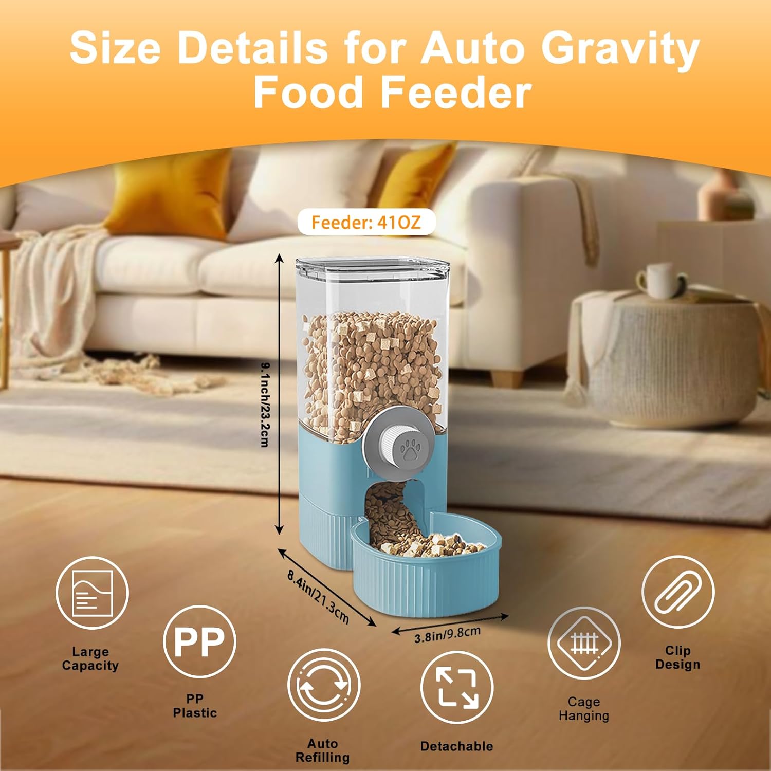 Auto Gravity Food Dispenser for Cage Hanging, 41OZ Capacity Hanging Automatic Pet Cage Feeder, Food Bowl for Cats Dogs Rabbit Ferret Chinchilla Bird Hedgehog Guinea Pig (Blue)