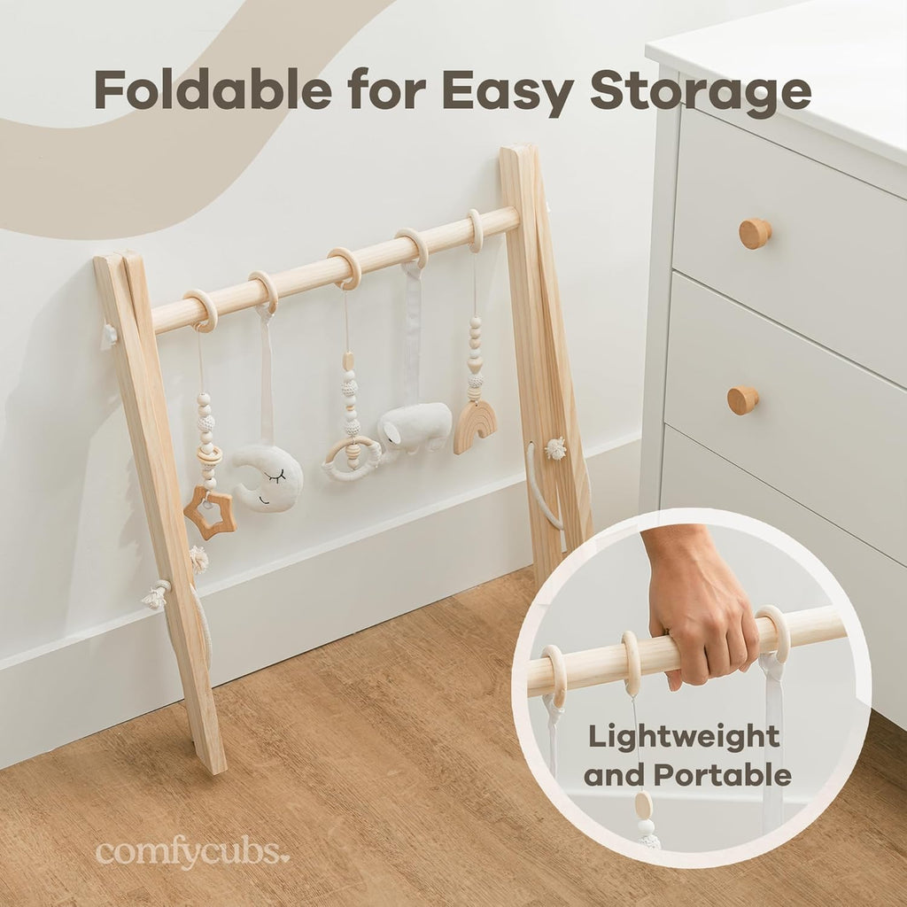 Comfy Cubs Wooden Baby Play Gym - Natural Finish Pinewood Baby Activity Gym with 5 Sensory Hanging Toys - Easy No-Tool Assembly, Safe and Durable for Infant Motor and Visual Development - Natural Wood