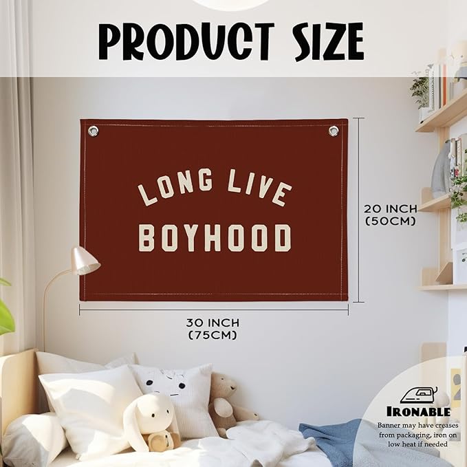 Long Live Boyhood Boys Room Decor - Linen Banner Wall Hanging Canvas Banner Flag Decor for Toddler Boy Room Nursery Playroom - Dull Red