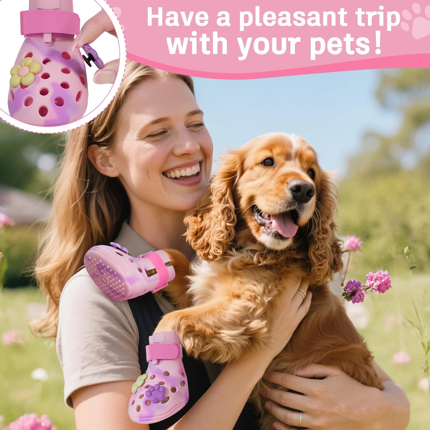 Dog Shoes for Hot Pavement, Adjustable Magic Tape Boots for Small, Medium & Large Dogs, Anti-Slip, Easy to Clean Paw Protectors for Beach, Outdoor & Hot Weather (Pink S)