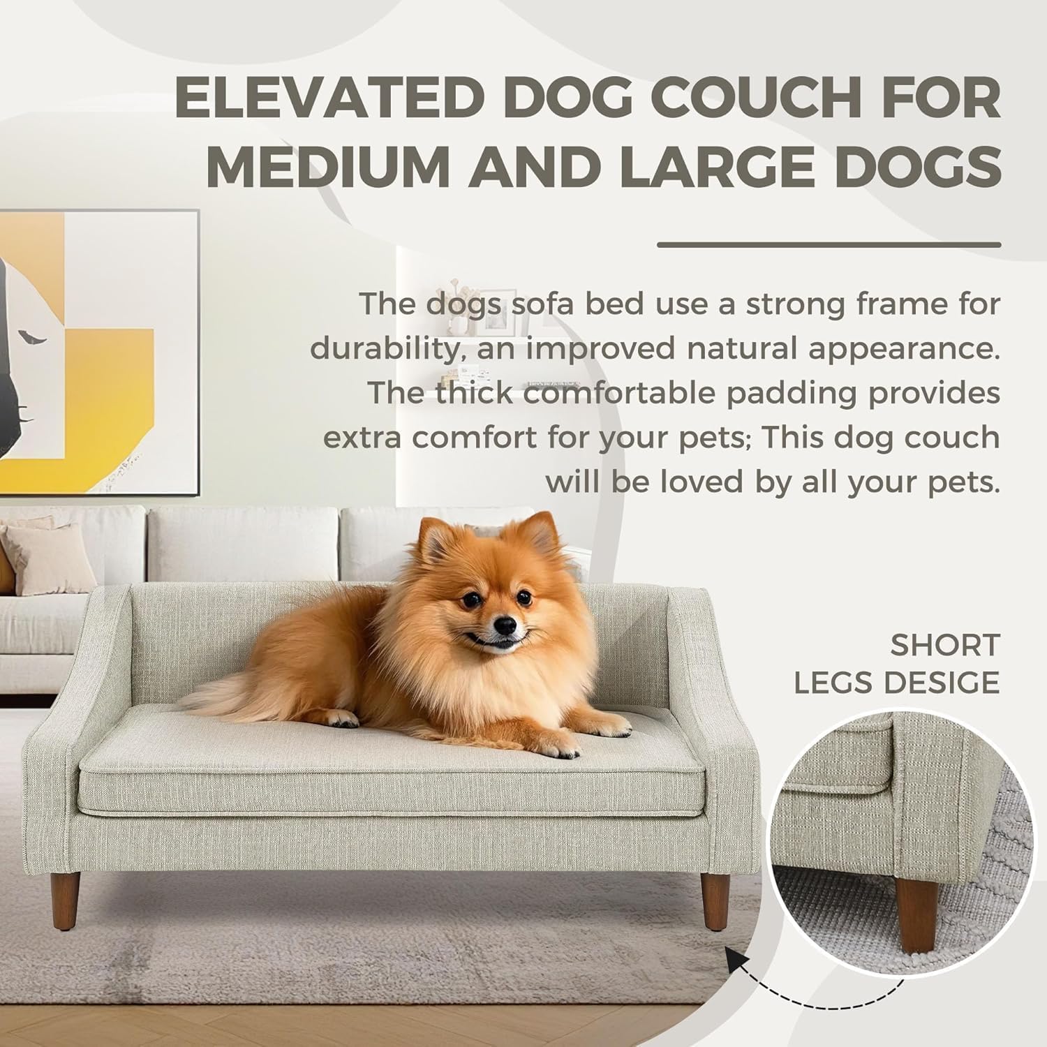 Dog Sofa Couch for Medium to Large Dogs, Durable Pet Sofa with Washable Fabric, Elevated Mini Dog Bed with Wooden Legs for Medium and Large Dogs, Beige