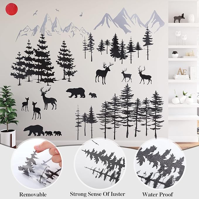 Outus 3 Sheets Mountain Forest Bear Wall Decals Stickers Pine Tree Wall Decals Trees Wall Stickers Deer Forest Decals for Kids Nursery Bedroom Living Room Decor,11.8 x 35.4 Inches