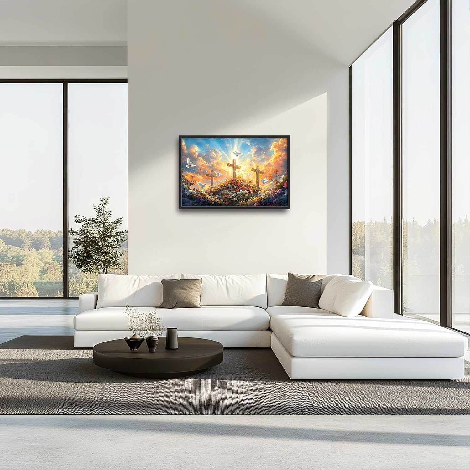 Framed Large Christian Jesus Wall Art, Oversized Floral Dove Wall Decor for Living Room, Landscape Canvas Painting Peaceful Pictures Modern Artwork for Living Room Bedroom Office 36"x24"