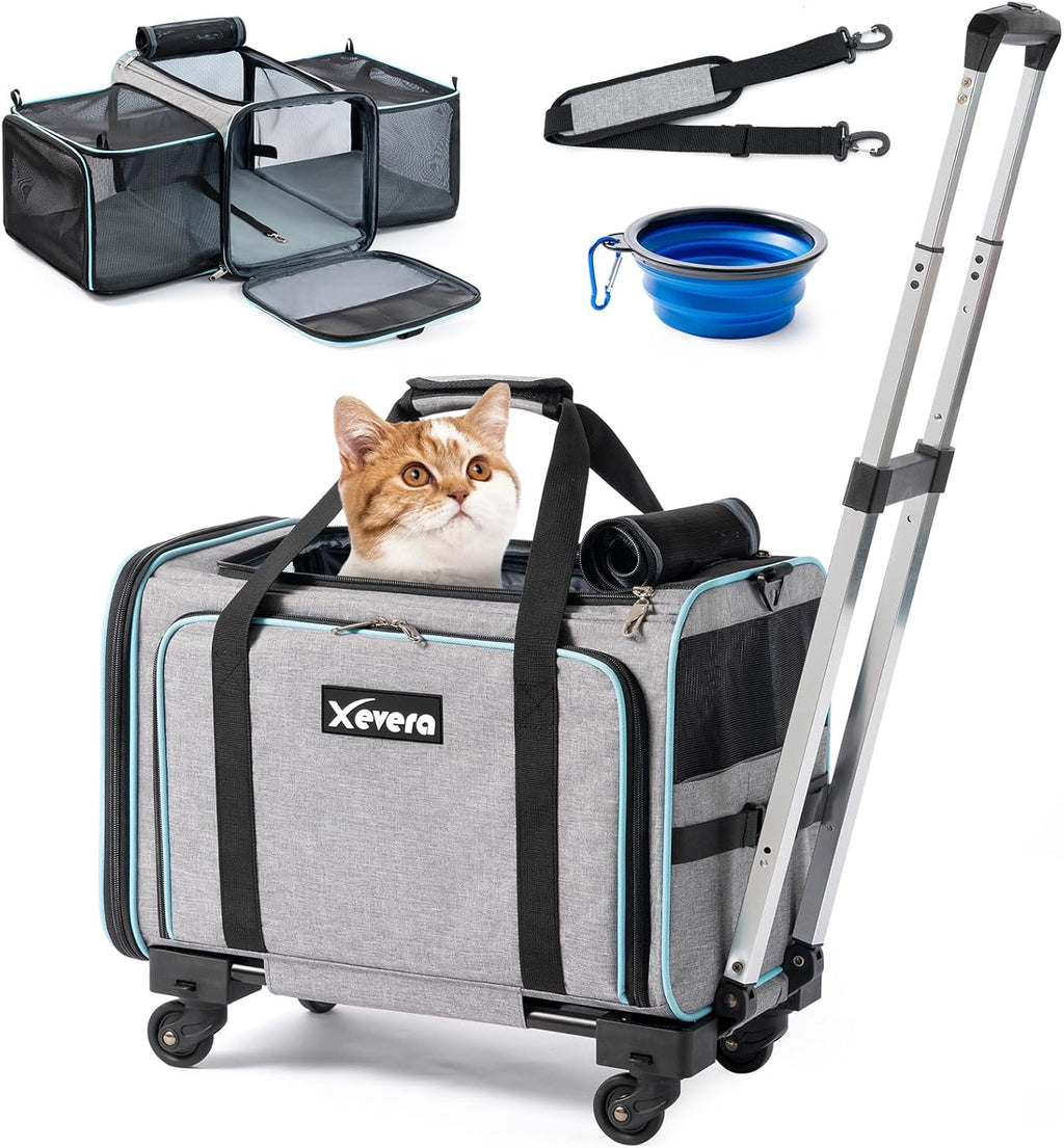 Cat Dog Carrier with Wheels, Expandable Rolling Soft-Sided Carrier for Small Cats and Dogs Under 25 LBS, Pet Carrier on Wheels with Locking Safety Zippers and Anti-Scratch Mesh (Grey)