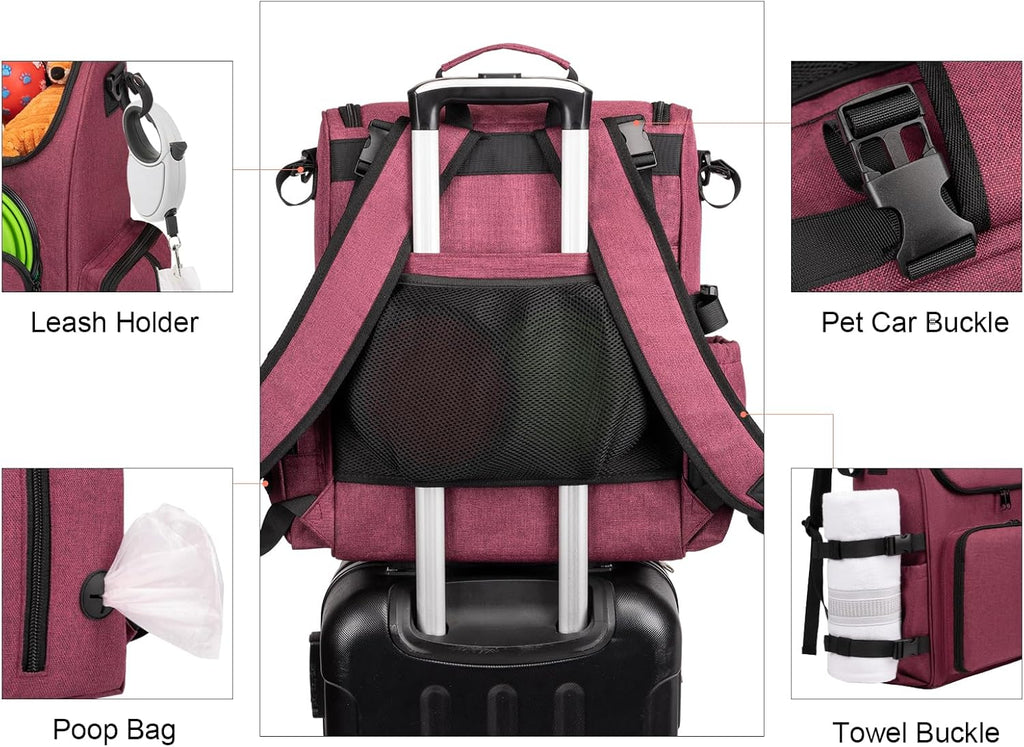 Modoker Dog Travel Bag Backpack, Airline Approved Pet Accessories Organizer for Dog and Cat with Shoulder Strap, 2 Dog Food Storage Containers, 2 Collapsible Dog Bowls,1 Pet Mat, Rose Red