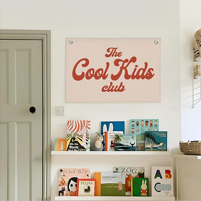 Lacama The Cool Kids Club for Toddler Room Playroom Bedroom Decor Retro Nursery Decor Linen Hanging Banner Flags,Pink Banner Cool Room Decor for Boy Girls,Kids Christmas Gifts 30x20 in
