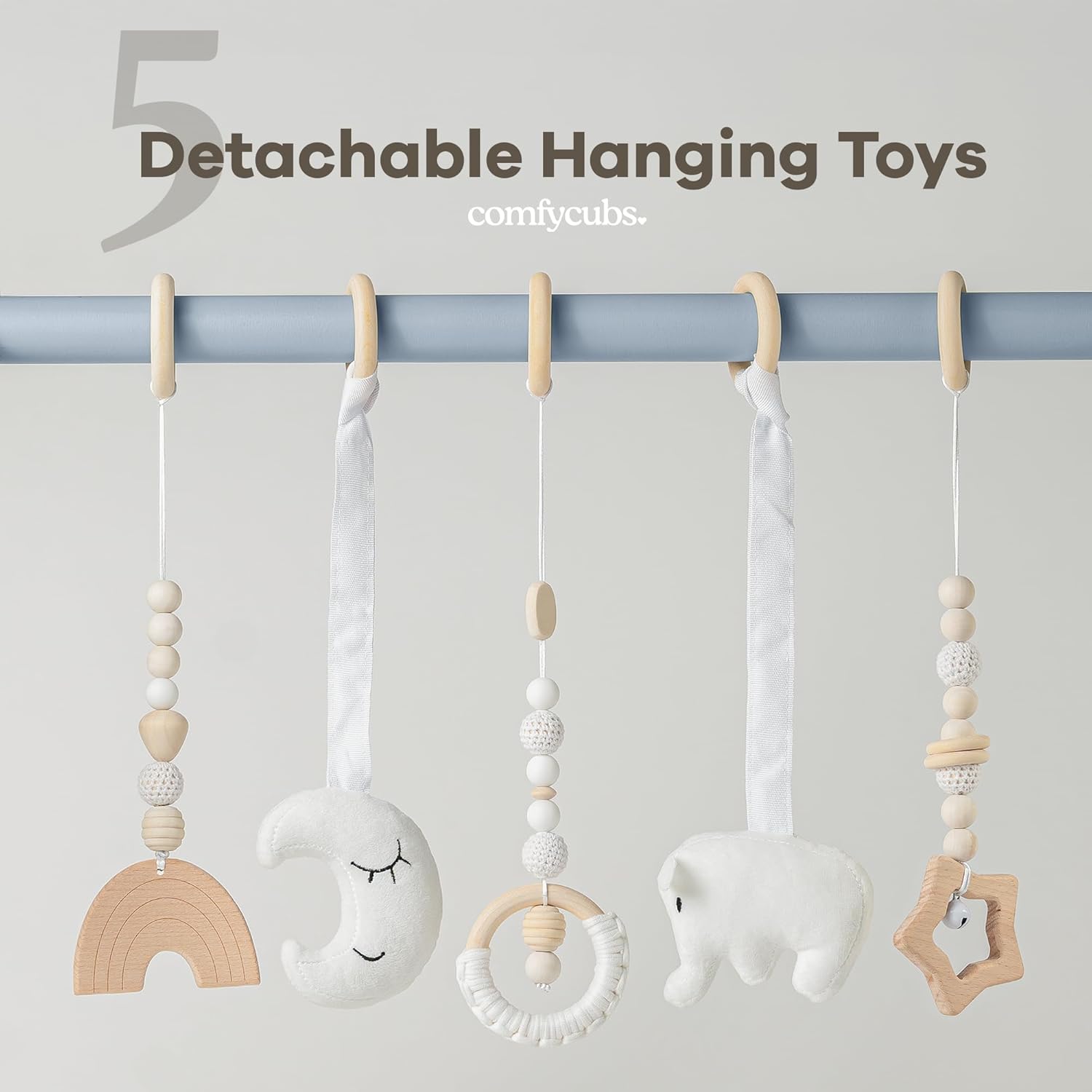 Comfy Cubs Wooden Baby Play Gym - Natural Finish Pinewood Baby Activity Gym with 5 Sensory Hanging Toys - Easy No-Tool Assembly, Safe and Durable for Infant Motor and Visual Development - Pacific Blue