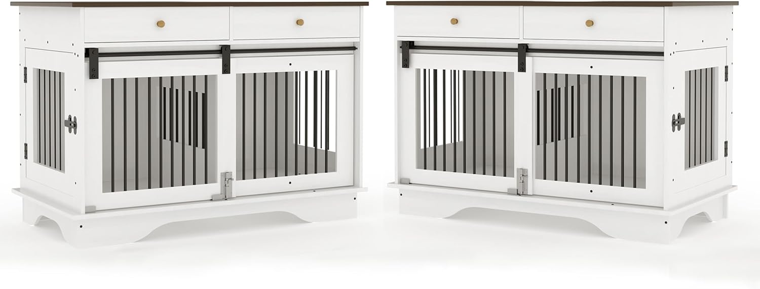Dog Furniture Crate, 47" Large Dog Crate Furniture w/ 2 Storage Draws & Removable Divider for Large/Medium/Small Dogs (White, Double Cage)