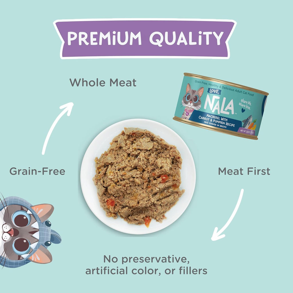 LOVE, NALA - Natural Adult Cat Wet Food - Pate Mackerel with Carrot & Pumpkin Recipe- Grain Free, Non-GMO, Lean Protein, Omega 3, Digestive Fiber Blend, Added Minerals & Vitamins - 12 Pack 2.4 lbs.