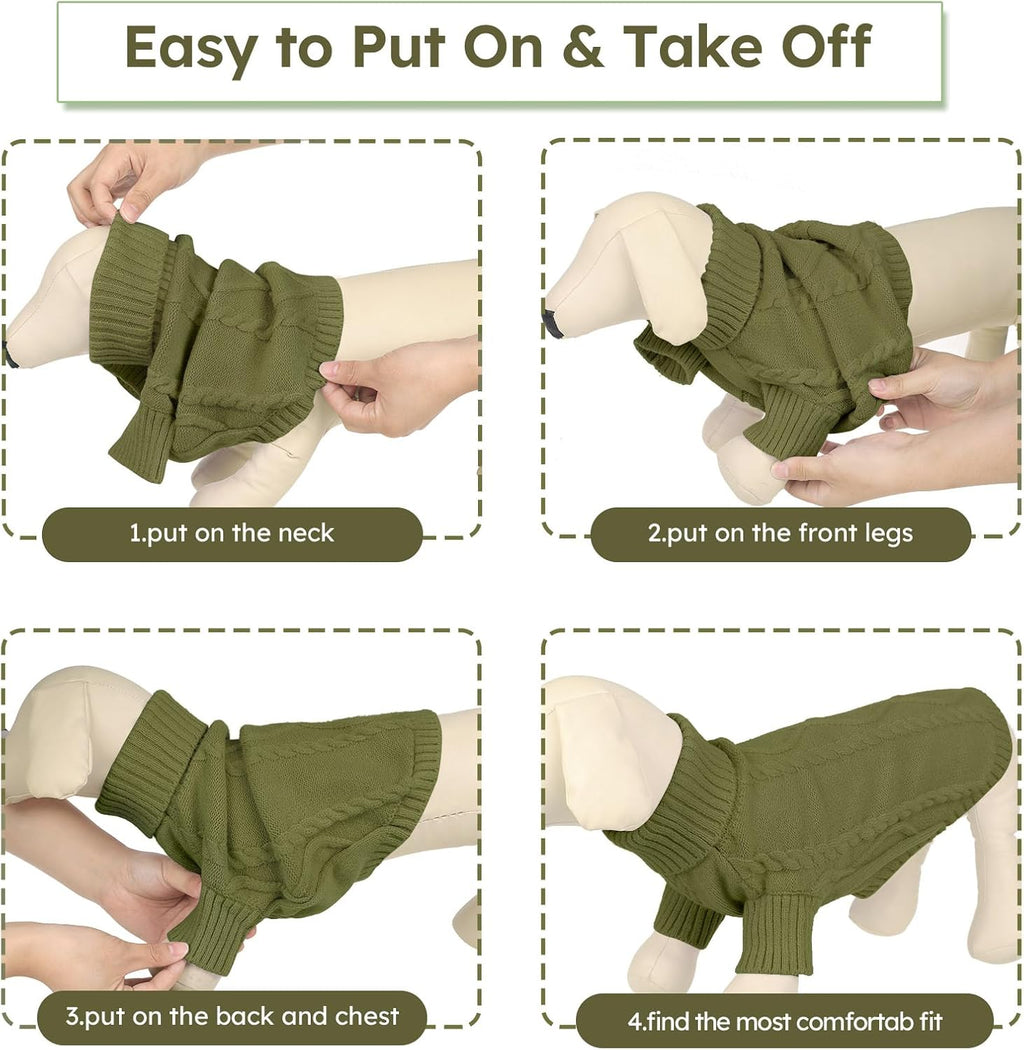 Queenmore Small Dog Pullover Sweater, Cold Weather Cable Knitwear, Classic Turtleneck Thick Warm Clothes for Chihuahua, Bulldog, Dachshund, Pugl,OliveGreen,S
