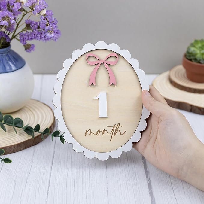 Baby Monthly Milestone Wooden Sign with Numbers and Stand – Natural Wood Milestone Board for Newborn Monthly Growth Photos – Cute 3D Flowers Photo Prop for Baby Milestone Memories (Light Pink Wooden)