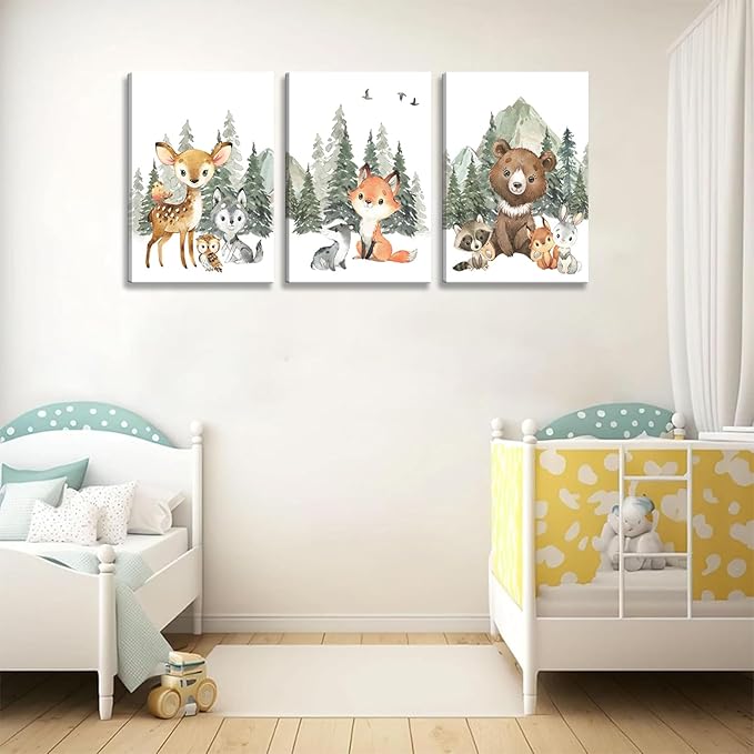 3Pcs Woodland Animal Nursery Canvas Wall Art Forest Adventure Theme Animals Picture Posters Wall Decor Cute Watercolor Deer Bear Fox Painting Print Artwork for Kids Baby Bedroom Decor 16x24in
