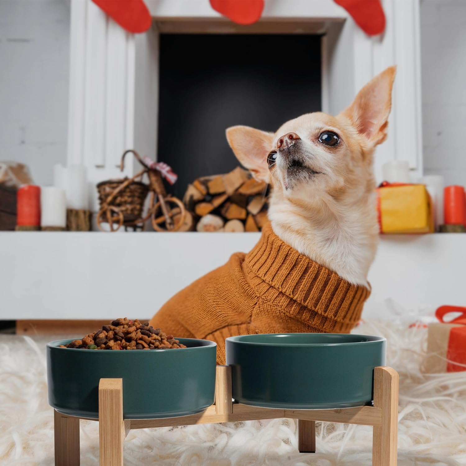 Elevated Ceramic Dog Bowl Set - Raised Feeding Bowls with Non-Slip Bamboo Stand - Small Pet Dishes for Food and Water - Ideal for Cats and Puppies - 16.23 OZ - 2 Cups - 480 ML