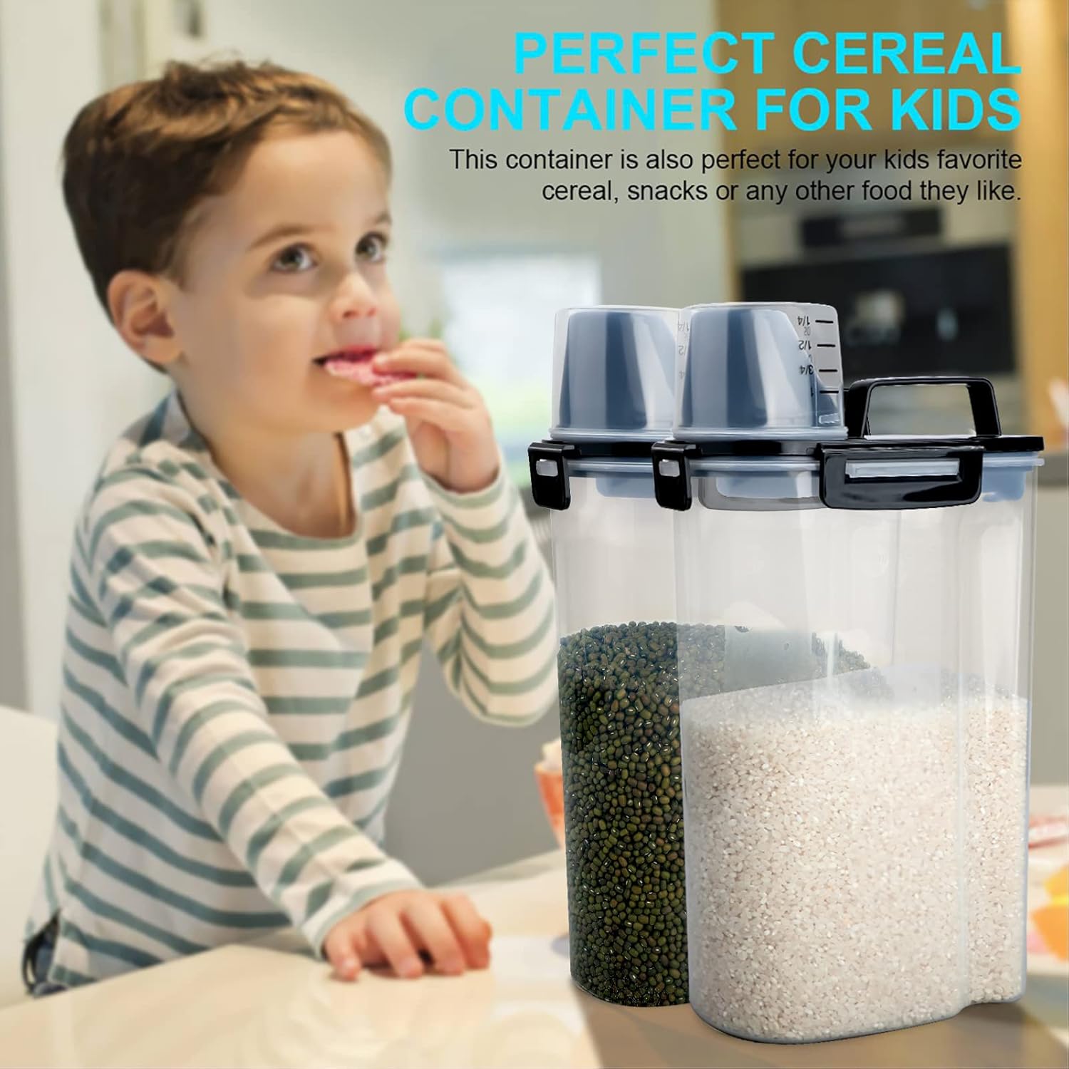Rice Airtight Dry Food Storage Containers, BPA Free Plastic Storage Bin Dispenser with Pourable Spout, Measuring cup for Cereal, Flour and Baking Supplies, Include a Stainless Steel Whisk