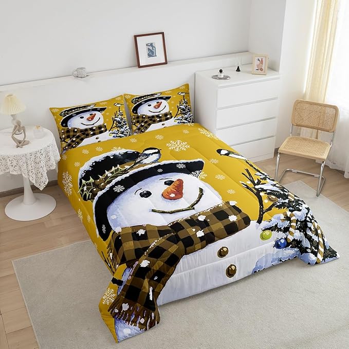 Feelyou Kids Christmas Theme Decorations Bedding Set Xmas Snowman Comforter Set for Boys Girls Snowflake Kawaii Cute Comforter Bright Yellow Quilt Set Bedroom Collection Full Size