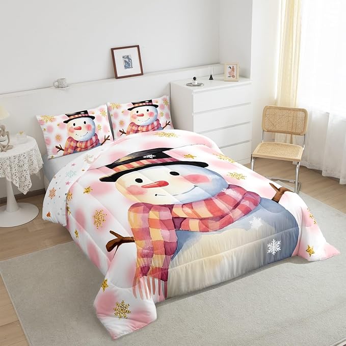 Feelyou Kids Merry Christmas Decorations Toddler Size Comforter Set Xmas Snowman Bedding Set Pink Quilt Set Soft Warm Lightweight Duvet Set