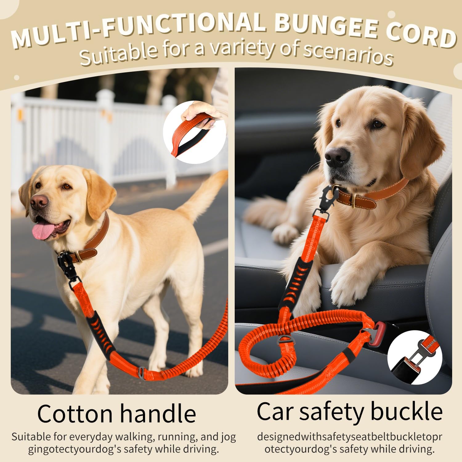 Heavy Duty Tactical Dog Leash, 4-6FT Shock Absorbing Bungee Leash with 2 Padded Handles, Metal Carabiner Clip, Car Seatbelt, Reflective leashes for Large Breed Dogs Medium Dog (Orange)