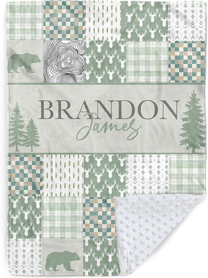 Personalized Rustic Woodland Baby Blanket - Custom Name Bear & Deer Design, Soft Blanket with Double Layer Dotted Backing for Infants Toddlers, Ideal Nursery Decor (47" x60)
