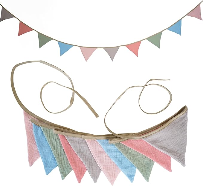 Fabric Bunting Banner, 2 Pack Handmade Neutral String Banner Each 8.5 ft 10 Flags Nursery Wall Hanging Wedding Birthday Home Baby Shower Party Decoration Bunting (Morandi)