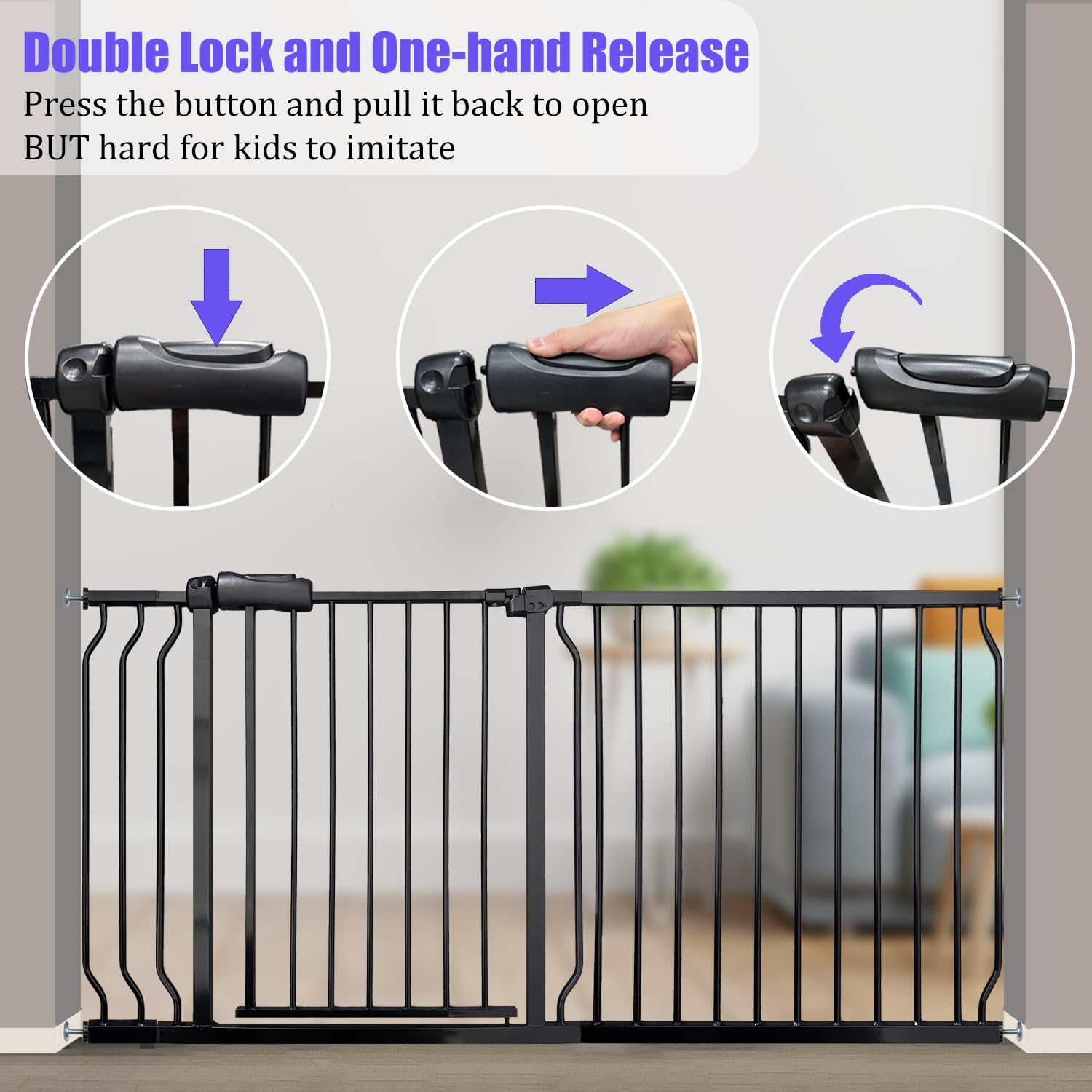 Walk Through Baby & Dog Gate 29-34 Inch, Tension Mounted No Drilling, Indoor Safety Gate for Stairs & Doorways, Metal Design for Kids and Pets, Black
