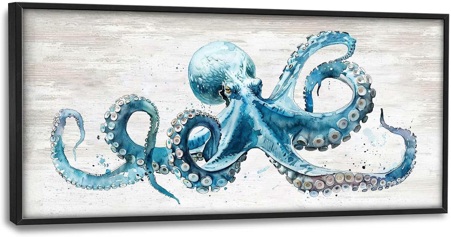 Octopus Large Wall Art Ocean Sea Nautical Pictures Rustic Blue Octopus Animal Wall Decor Canvas Print Painting Artwork for Bathroom Living Room Bedroom 60L" x 30W"