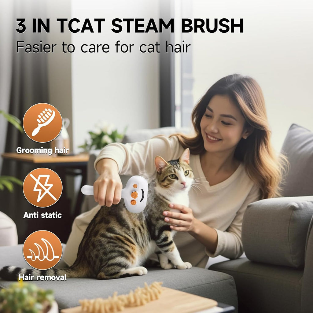 Pet Steam Brush for Dog & Cat – 3-in-1 Spray Hair Removal Comb – Steam for Shedding & Grooming – Water Brush for Long & Short Haired Pets – Spritz Defur Comb – Includes 2*Waterless Shampoo