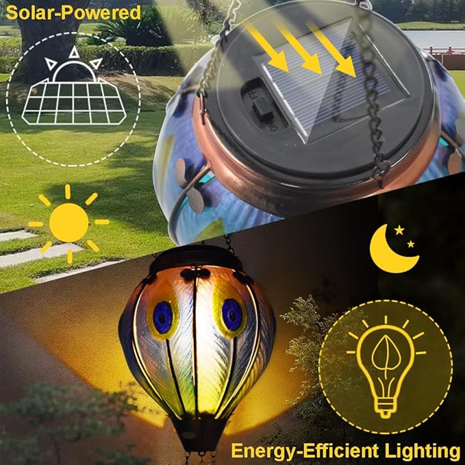 Solar Hot Air Balloon Lanterns with Flame with Shepherd's Hooks, Glass Hanging Flickering Lights Outdoor Waterproof for Garden Tree Yard Patio Mother's Day Gift, 18" H Peacock-Blue
