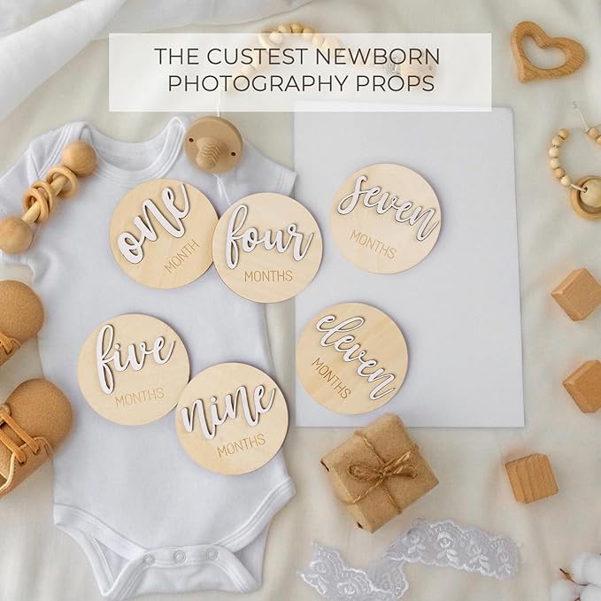 Milestone Wooden Circles for Monthly Baby: Newborn Age Milestone Signs Cards for Hospital - Month Markers Discs for New Boys and Girls